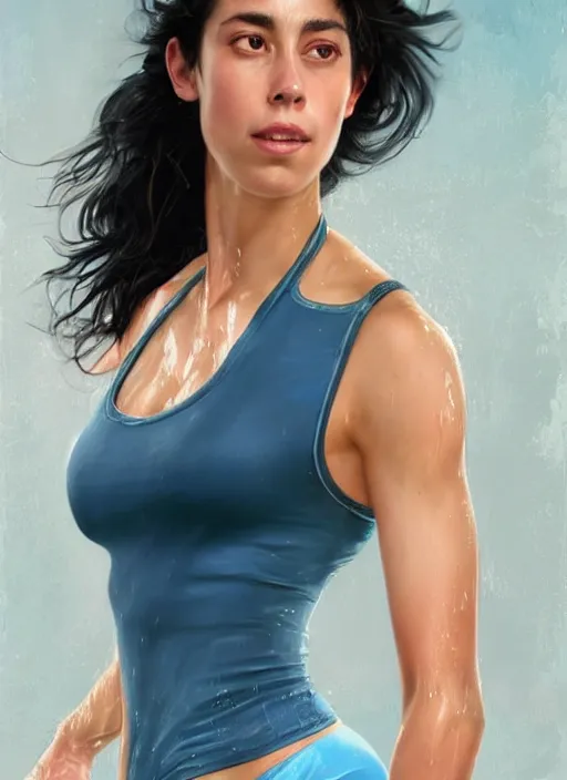 Prompt: full length photo of a very sweaty Oona Chaplin in a wet tanktop in the style of stefan kostic, full extremely slim body, not realistic, sharp focus, 8k high definition, insanely detailed, intricate, elegant, art by stanley lau and artgerm