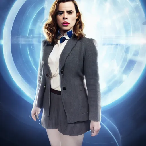 Image similar to a beautiful full body photograph of hayley atwell dressed as doctor who, time vortex in the background, symmetrical face, extreme realism and detail, 8 k, completely framed, direct lighting, 3 5 mm photo, photorealistic, sharp focus