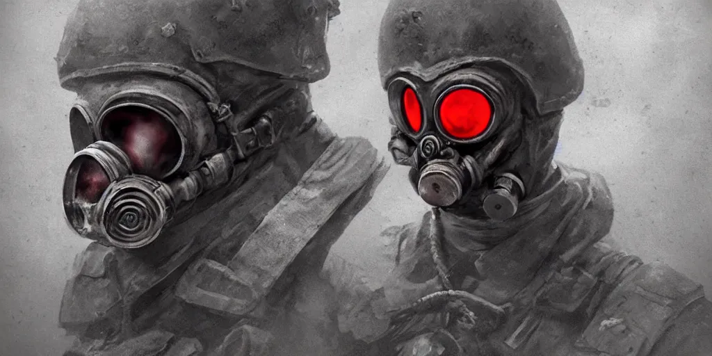 Image similar to buff soviet russian soldier wearing a demonic gasmask with glowing red eyes, concept art, digital portrait, horror, creepy, concept art, military art, dark fantasy art, sci - fi, retrofuturism