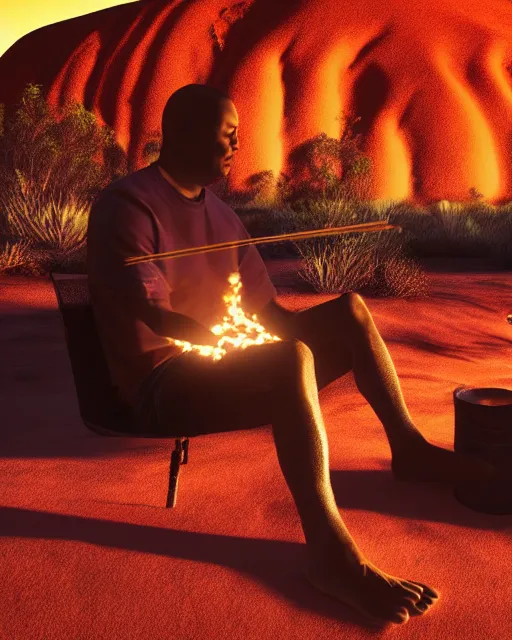 Image similar to close - up of man sitting at uluru playing medicine drum at campfire under cosmic night sky, global illumination radiating a glowing aura global illumination ray tracing hdr render in unreal engine 5, dramatic atmospheric volumetric lighting