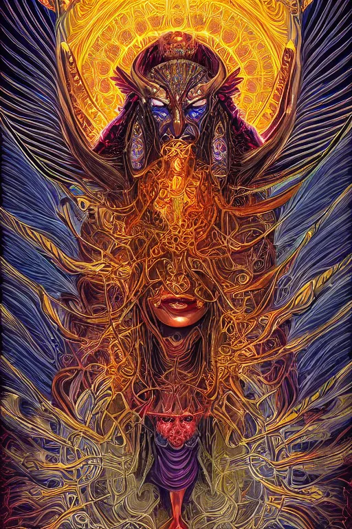 Prompt: beautiful tarot card ofa demon by dan mumford and carol bak and alex grey, oil on canvas, intricate, symmetrical, portrait, 8k highly professionally detailed, HDR, CGsociety