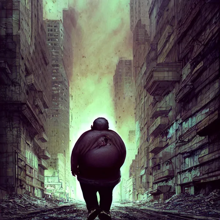 Prompt: hyperrealistic mixed media portrait of a a mordidly obese man trudging through post-apocalyptic deserted city streets, despair, depressing and hopeless vibe, stunning 3d render inspired art by P. Craig Russell and Barry Windsor-Smith + perfect facial symmetry + dim volumetric lighting, 8k octane beautifully detailed render, post-processing, extremely hyperdetailed, epic composition, grim yet sparkling atmosphere, cinematic lighting + masterpiece, trending on artstation