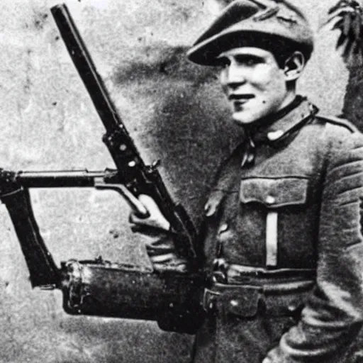 Prompt: old wartime photograph of spongebob squarepants holding a lewis gun, 1 9 1 7