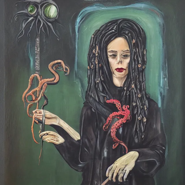 Image similar to a portrait in a dark cafe, a woman holding an octopus, streetlamps, wet, puddles, wild berries, rats, ikebana, neo - expressionism, surrealism, acrylic and spray paint and oilstick on canvas