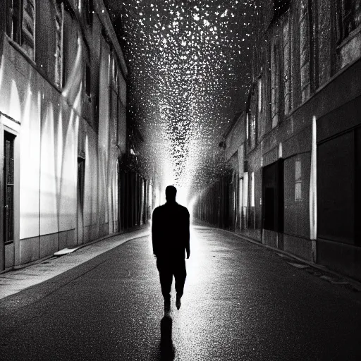 Prompt: an abstract photograph of a lonely male shadowy figure, there is a dark street with lanterns reflected on the ground, underwater, motion blur, 35 mm, black-and-white