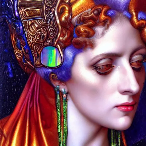 Image similar to close - up renaissance portrait of an iridescent art deco lady gaga, reflective detailed textures, highly detailed fantasy science fiction painting by moebius, norman rockwell and william holman hunt. modern industrial shaman, rich colors, high contrast. artstation