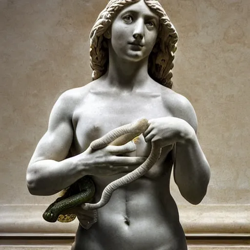 Image similar to greek or roman sculpture in marble of a female athlete holding a snake, in a museum background, hyperrealistic photograph in the style of bernini, golden hour