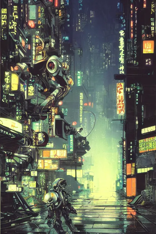 Image similar to cinematic 3 5 mm photo of ancient overgrown cyberpunk tokyo with robot by syd mead, night, rain, flowers, beautifully lit, hyperdetailed, unreal engine, photorealistic