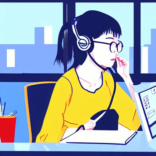 Image similar to illustration of female japanese student in profile, sat at her desk, her face lit by the computer screen, wearing headphones, japan, window, tokyo, neon lights outside , Hayao Miyazaki