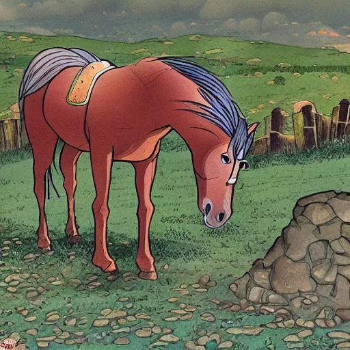 Image similar to a horse walking slowly. the scene is detailed and beautiful, and combines the style of michael foreman, gyo fujikawa, and jane clarke.