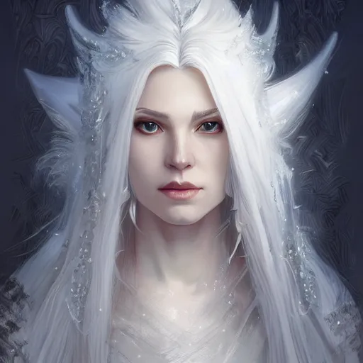 Image similar to portrait of a white-haired winter witch, elegant, intricate, headshot, D&D, fantasy, highly detailed, digital painting, artstation, concept art, sharp focus, illustration, art by artgerm and greg rutkowski and alphonse mucha
