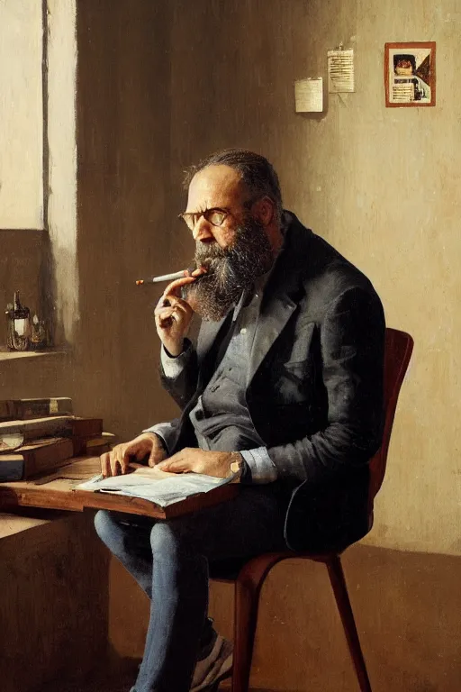 Image similar to portrait of a middle - aged writer with a beard, he is sitting on a chair, he is smoking a cigarette, style of greg rutkowski