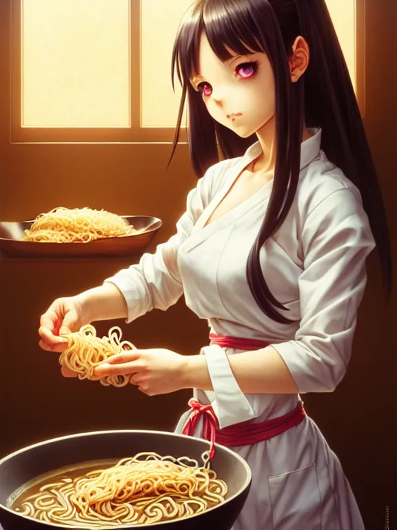 Prompt: full body picture of a rabbit ear girl making a ramen, bored, beautiful and aesthetic, intricate, unreal engine, neat hair, highly detailed, detailed face, smooth, sharp focus, chiaroscuro, manga illustration, artgerm, greg rutkowski, ilya kuvshinov, rossdraws, alphonse mucha, young adult light novel cover art