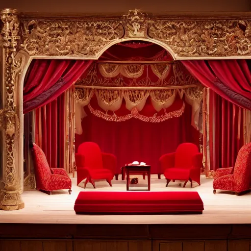 Image similar to an opera scenography of a barroque room, red color scheme.