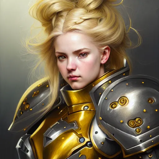 Image similar to Portrait of a girl with blonde hair wearing a heavy knight armor, Overwatch inspired, golden accents and armor by Donato Giancola, face, fantasy, intricate, elegant, highly detailed, digital painting, artstation, concept art, smooth, sharp focus, illustration, art by Wei Fan and Fernanda Suarez and Artem Demura and alphonse mucha