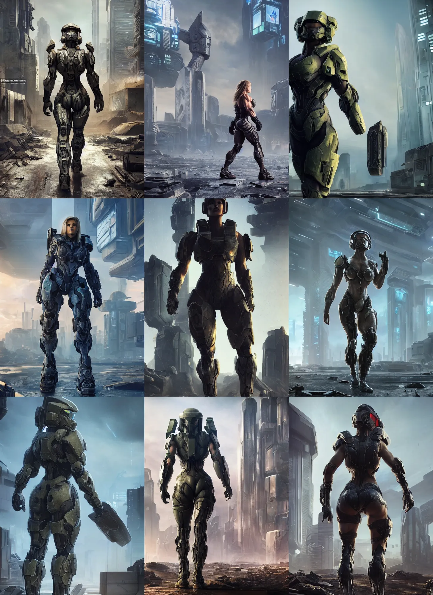 Prompt: a female body builder walking across a cyberpunk wasteland, mjolnir armor from halo infinite no helmet, attractive female face, symmetrical face details, ultra realistic, very highly detailed, 8K, octane render, Digital painting, concept art, illustration, rule of thirds, sharp focus, facing camera, centered, good value control, realistic shading, Jens Hauch