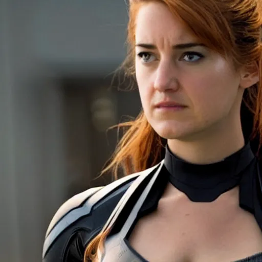 Image similar to A still of Shailene Woodley as Black Widow in Iron Man 2 (2010), close-up