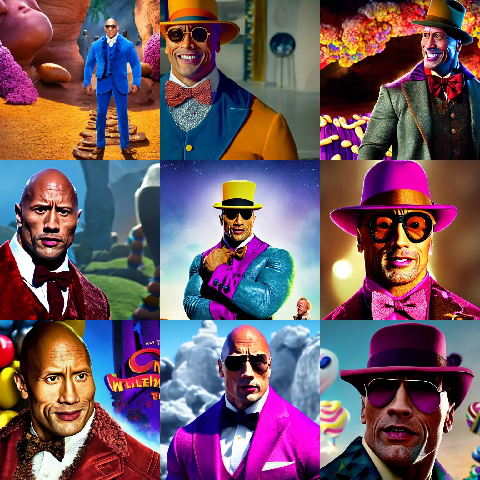 Prompt: Dwayne Johnson as Willy Wonka, detailed, portrait photograph, 8k hdr movie still, dynamic lighting