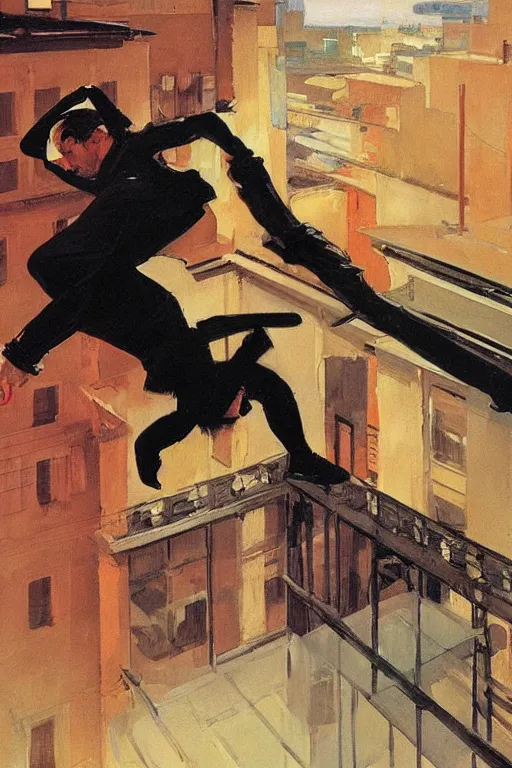 Image similar to a ninja jumping from the roof on a rainy night by joaquin sorolla, syd mead, boneface