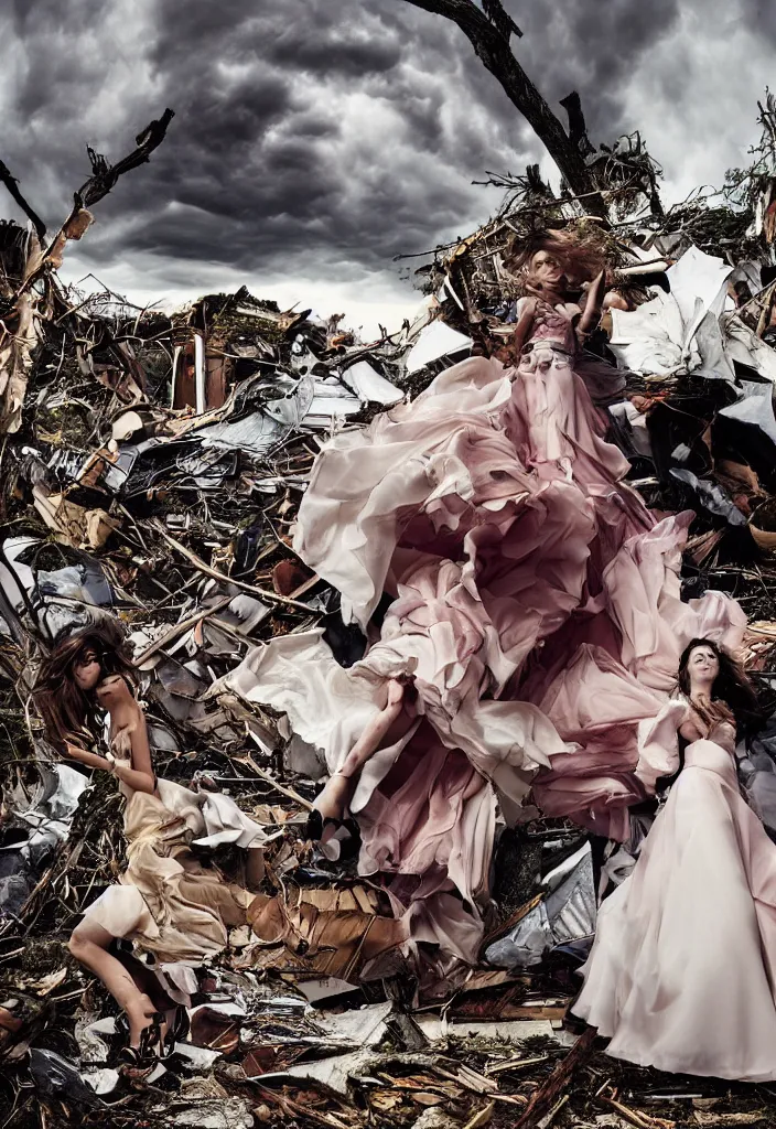 Prompt: fashion editorial in a tornado. wide angle shot. highly detailed.