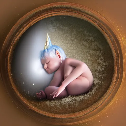 Image similar to a baby unicorn sleeping in an cracked egg, ultrarealistic, dramatic lighting, high details, 4 k, 8 k, best, accurate, trending on artstation, artstation, photorealism, ultrarealistic, digital painting, fantasy art