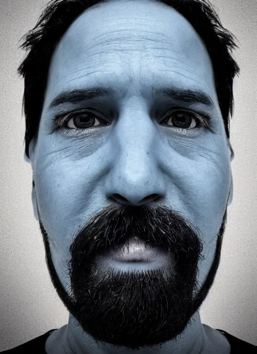 Image similar to fish eye lens close up photograph of a man with blue skin and a goatee side eyeing the camera with a sympathetic look