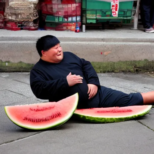 Image similar to a chinese fat guy lay on the ground with blood in a melon stall