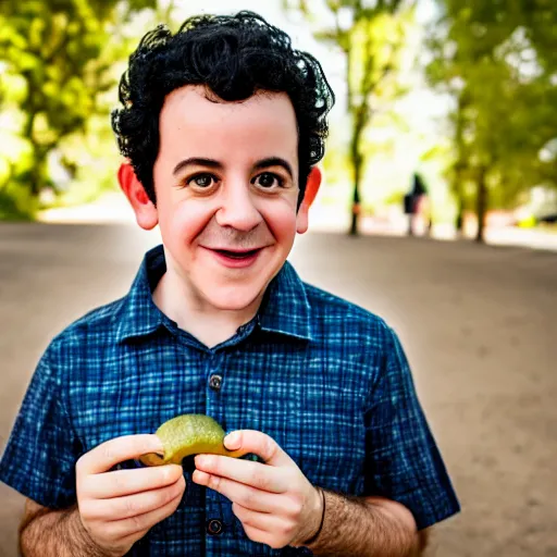 Image similar to fred savage eating a pickle, ( sony a 7 r iv, symmetric balance, polarizing filter, photolab, lightroom, 4 k, dolby vision, photography awardm, voque, perfect face )