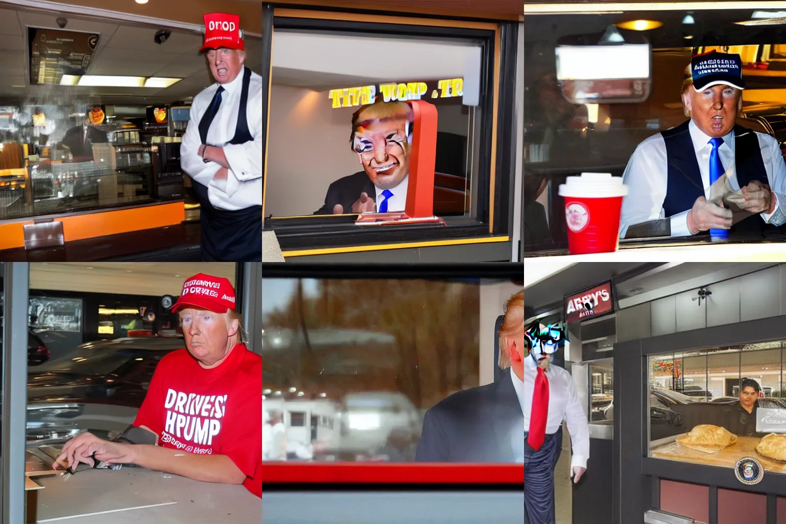 Prompt: high quality photograph of Donald Trump working at an Arby's drive thru. he is wearing the Arby's uniform. he is visible through the drive thru window.