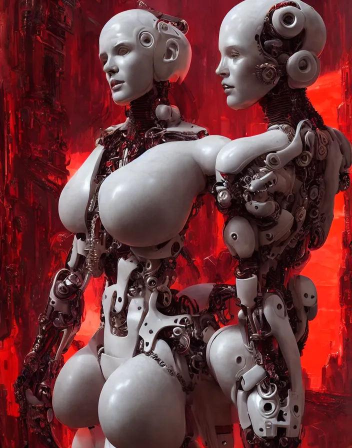 Image similar to portrait, antique marble statue, super hero pose, red white biomechanical dress, inflateble shapes, wearing epic bionic cyborg implants, masterpiece, intricate, biopunk futuristic wardrobe, highly detailed, art by akira, mike mignola, artstation, concept art, background galaxy, cyberpunk, octane render