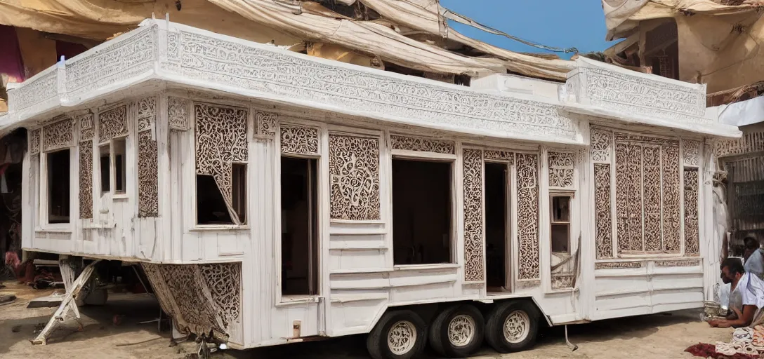 Image similar to mughal - style white ivory tiny home on trailer with minarets in cyberpunk india