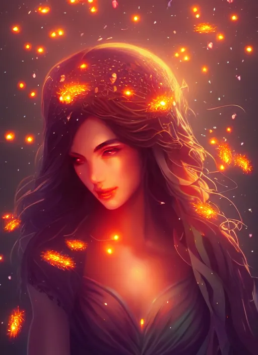 Prompt: a goddess of the night surrounded by fireflies, highly detailed, artgerm style, artstation, soft light, sharp focus, illustration, character design, concept art