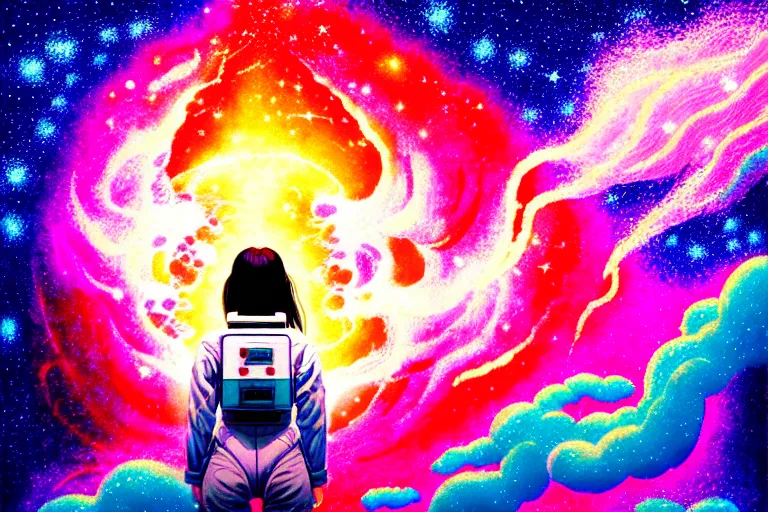 Prompt: hikari shimoda, takamishi murakami, james jean, makoto shinkai, akihiko yoshida, textured, stippled lighting, portrait of a young female astronaut going insane floating in a nebula, long flowing hair, lomography, colorful, dramatic angle and perspective, dynamic pose, dramatic lighting