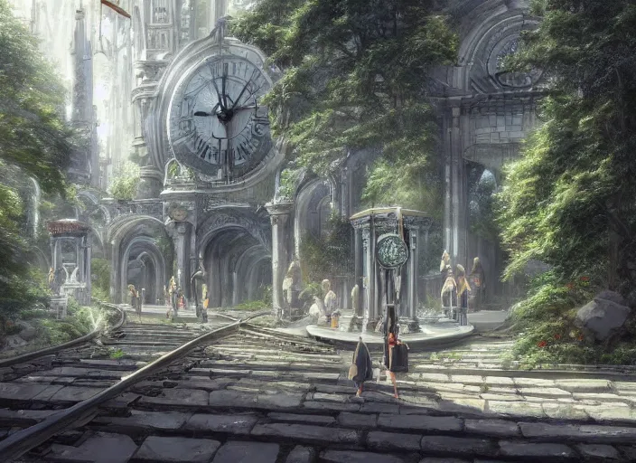 Image similar to A train subway inside a beautiful elven city made of white marble, anime, lush trees, fountain, statue, big clock, trains, a fantasy digital painting by Greg Rutkowski and James Gurney, trending on Artstation, highly detailed