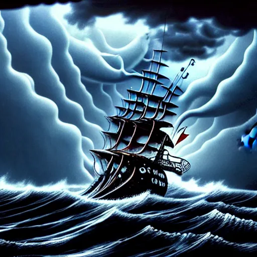 Image similar to a highly detailed hyperrealistic scene of a ship being attacked by giant squid tentacles, jellyfish, squid attack, dark, voluminous clouds, thunder, stormy seas, pirate ship, dark, high contrast