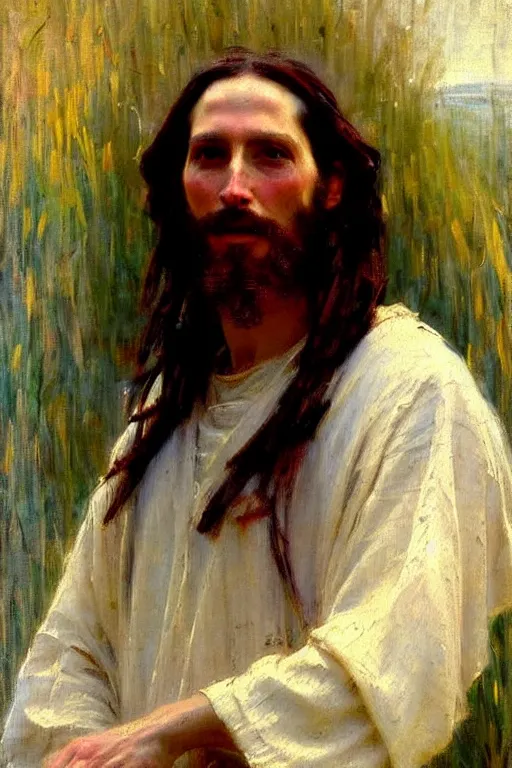 Image similar to impressionist brushstrokes!!!!!!!!! solomon joseph solomon and richard schmid and jeremy lipking victorian loose genre loose painting full length portrait painting of jesus with a slight smile happy inviting