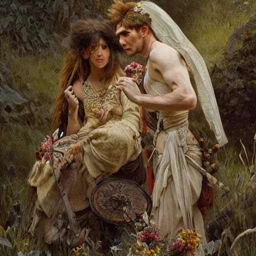 Prompt: Neanderthal wedding, original historical photo, highly detailed, sharp focus, illustration, by artgerm and greg rutkowski and alphonse mucha and loish and WLOP