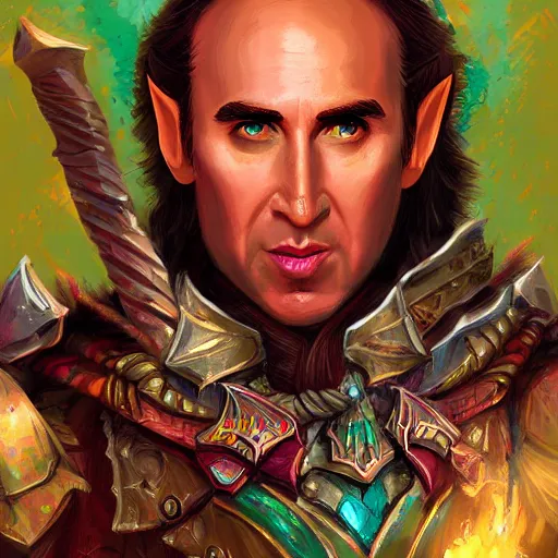 Image similar to elf warrior with the face of nick cage, d & d style, trending on artstation, colorful, intricate, art by kev chan