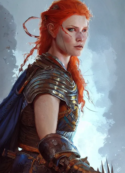 Image similar to highly detailed painting of a warrior woman commander, knight, icelandic, redhead, blue - eyes, high fantasy, dungeons and dragons art by jon foster trending on artstation painted by greg rutkowski, painted by stanley artgerm