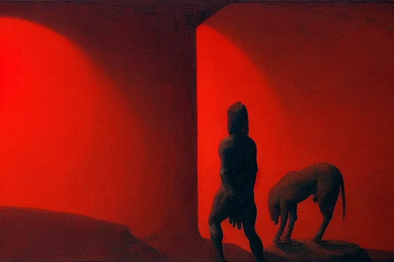 Image similar to only with red, caesar after war, a red tiger, in hoc signo vinces, rome in background, an ancient path, in the style of beksinski, part by hopper, part by rodcenko, part by hofbauer, intricate composition, red by caravaggio, insanely quality, highly detailed, masterpiece, red light, artstation