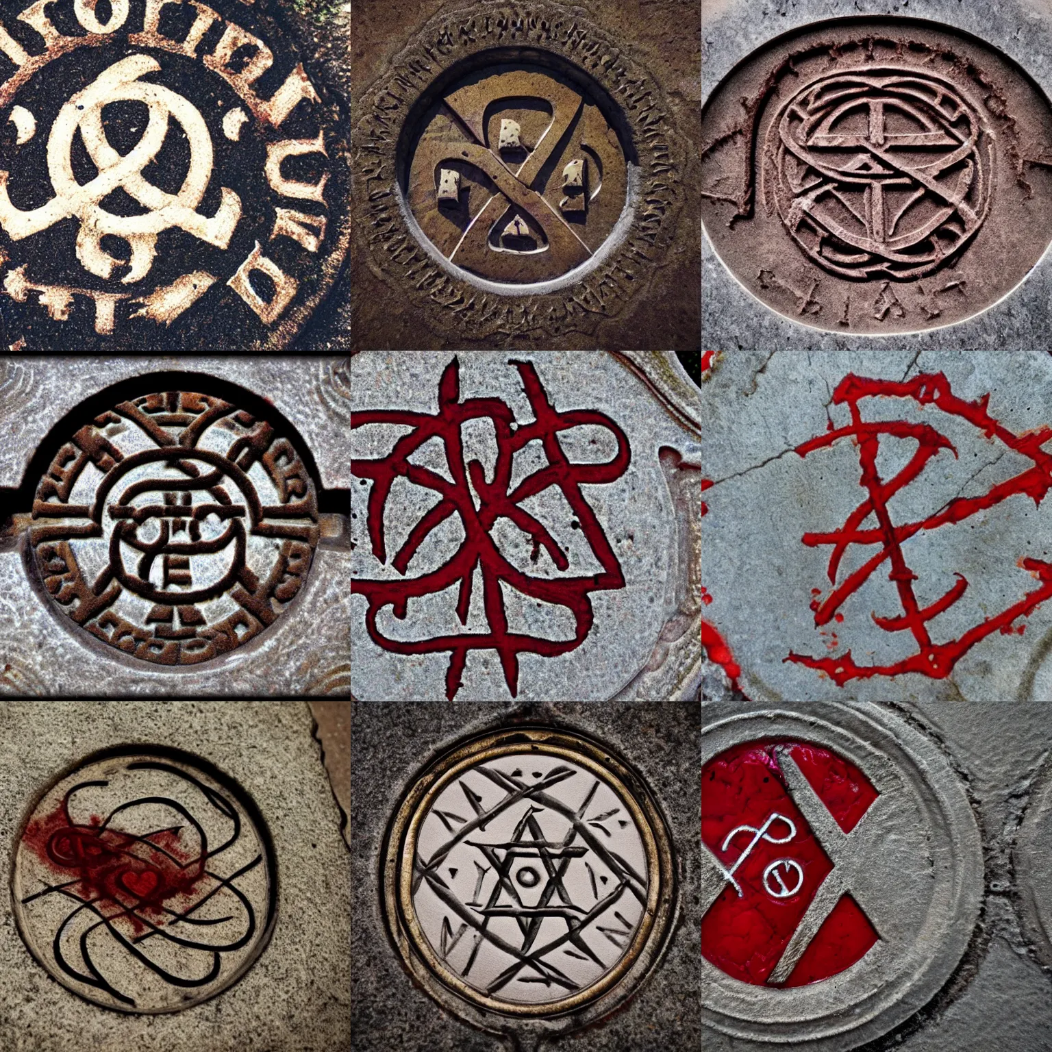 Prompt: intricate occult symbol written in blood on tombstone