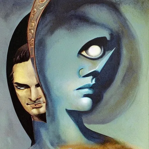 Prompt: Artemixel, the modern reincarnation of the old selenium god of hunt and moon, also known as Artemis the Selene, carrying the celebrated Crown of the Crescent Moon, wich its usual bright and slightly bluish crescent like the brightness of the night. Portrait by Frank Frazetta, Portrait by Jeffrey Smith, Portrait by Zdzislaw Beksinski, oil on canvas