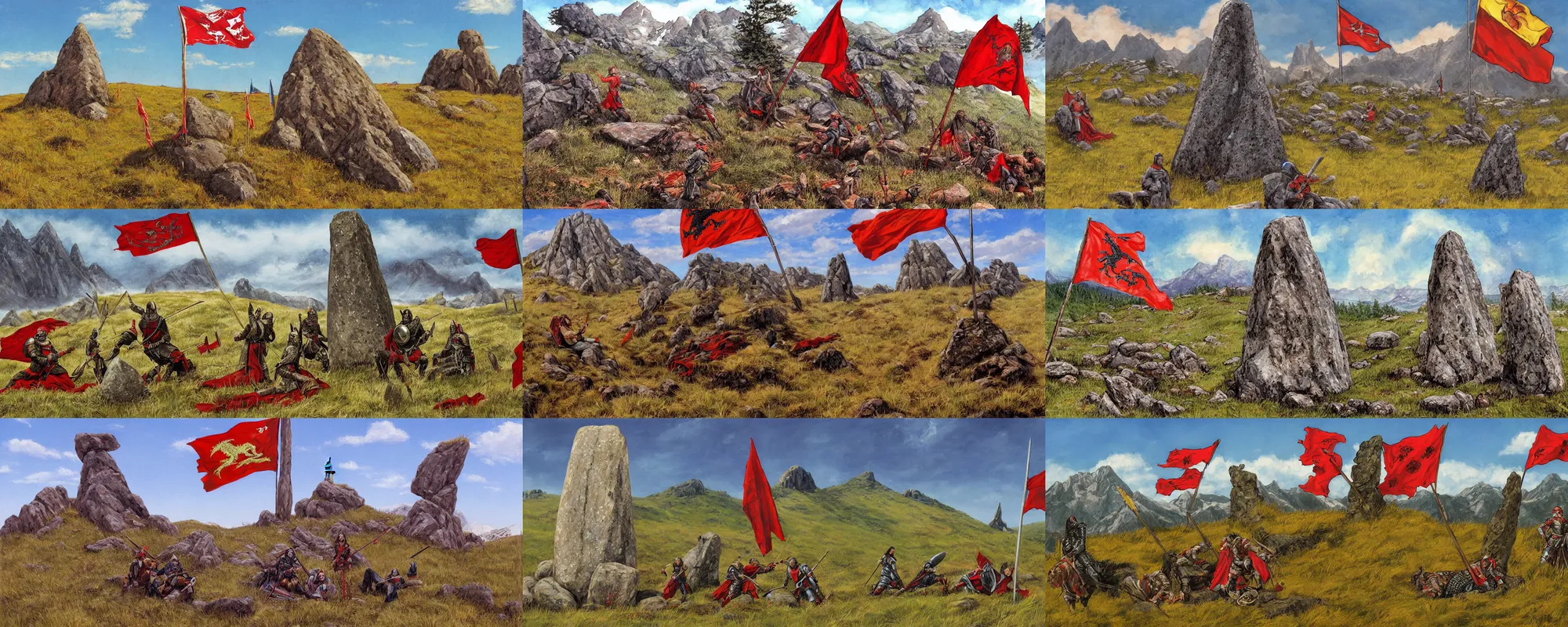 Prompt: meadow mountain landscape with a menhir in the foreground, medieval warriors wearing plate armor resting on the top of a menhir, red flag with a black dragon painted, by larry elmore