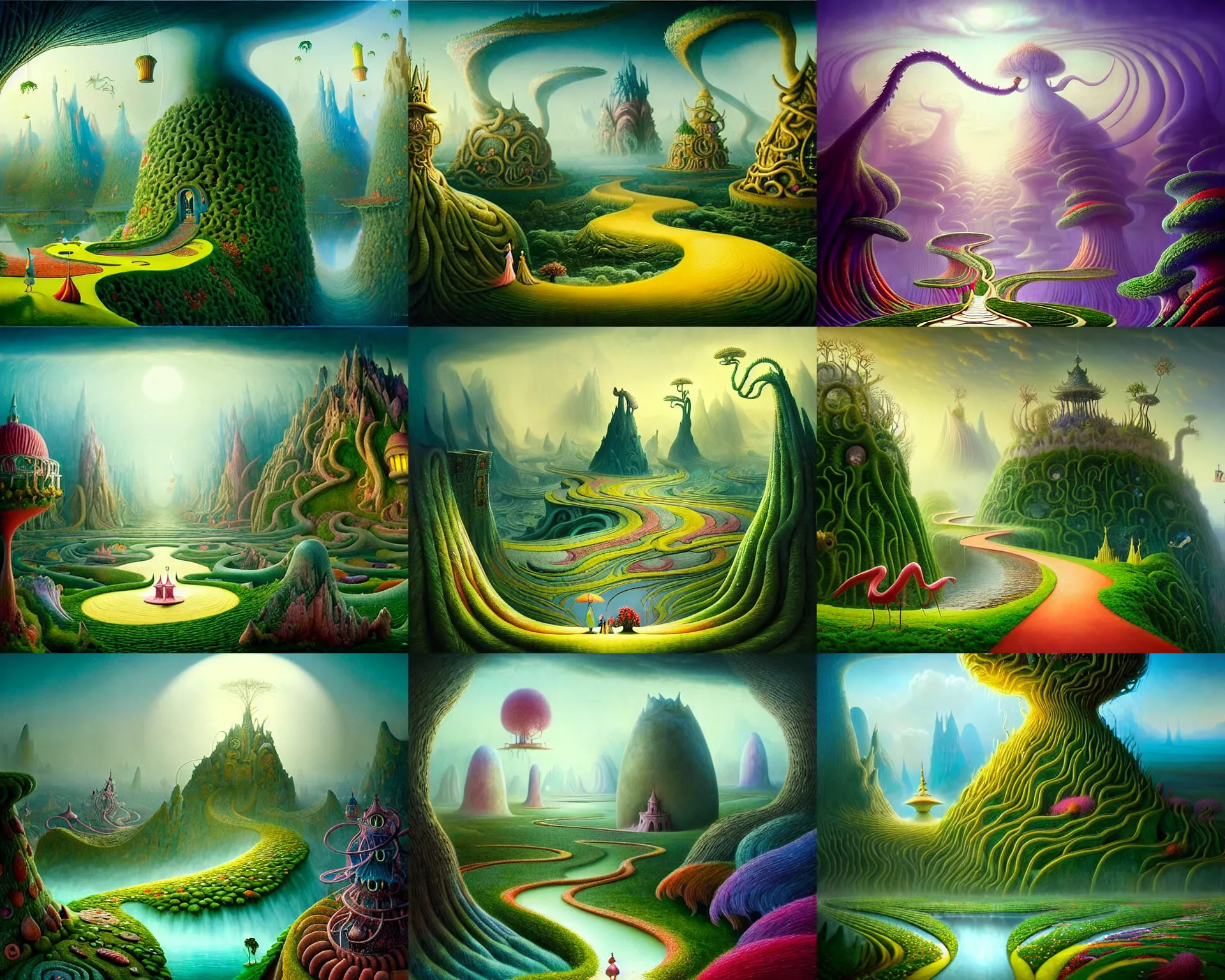 Prompt: a beguiling epic stunning beautiful and insanely detailed matte painting of the impossible winding path into dream worlds with surreal architecture designed by Heironymous Bosch, dream world populated with whimsical seussian creatures, mega structures inspired by Heironymous Bosch's Garden of Earthly Delights, vast surreal landscape and horizon by Cyril Rolando and Oh Ji Hoon, masterpiece!!!, grand!, imaginative!!!, whimsical!! intricate details, sense of awe, elite, wonder, insanely complex, masterful composition!!!, sharp focus, fantasy realism, dramatic lighting