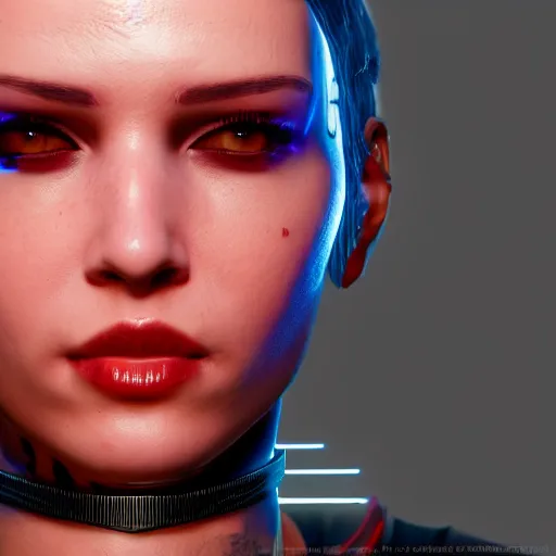 Prompt: headshot portrait of female V from cyberpunk 2077 wearing thick steel choker around neck, 4K, detailed face, collar on neck, realistic, artstation, neon,