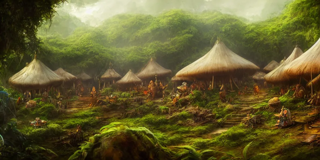 Image similar to a clearing in the jungle reveals a village full of merchant tents and mushroom huts, matte oil painting, science fantasy, retrofuturistic, biblical, rpg, queer, pride, epic, extremely detailed, sharp focus, 4 k