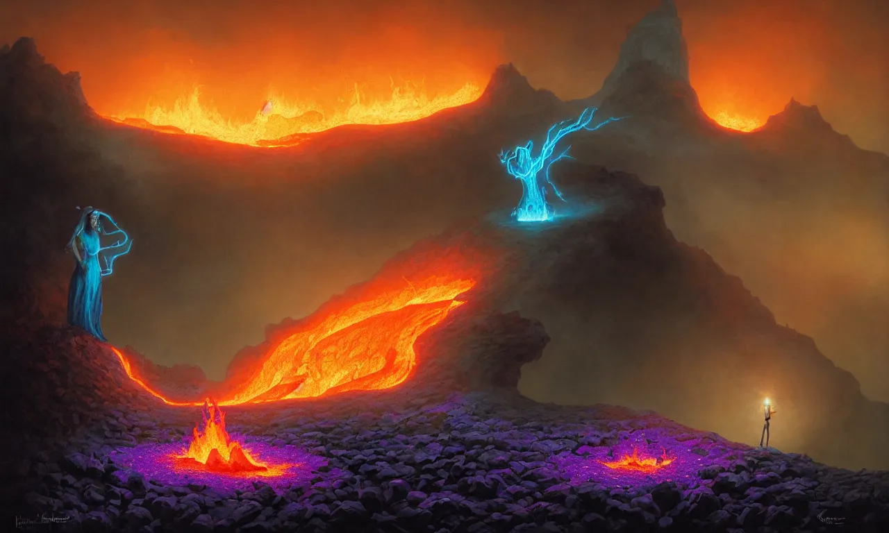 Prompt: The wandering lava mage standing on the misty edge of a fiery caldera by Bastien L. Deharme and Gerald Brom and Mark Arian and Hubert de Lartigue, smooth round rocks, blue flames, low light, glowing orange and purple crystals, green vines, misty, smoky, tonalism, sfumato