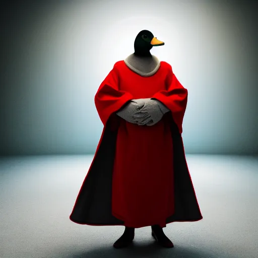 Image similar to portrait of cute mallard duck, wearing cultist red robe, inside a castle, black feathers, glowing arcane eyes, cgi, ultra detailed 3 d render, digital art, 8 k, octane render, unreal engine 5, trending on art station