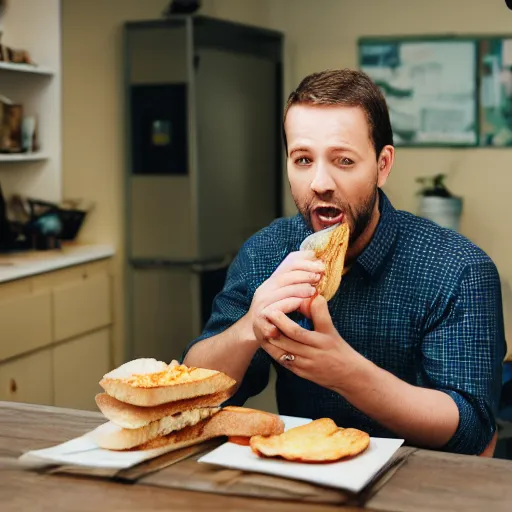 Image similar to a medium shot studio photograph of a man 35 years old eating a sandwich of microphone