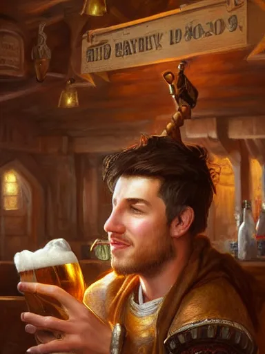 Image similar to a young handsome guy, drinking beer in a tavern. intricate, elegant, highly detailed, digital painting, artstation, concept art, sharp focus, illustration, by justin gerard and artgerm, 8 k